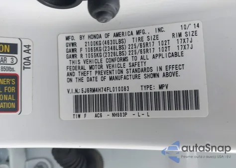 2015 Honda Cr-V Ex-L z USA, uszkodzony, nr VIN 5J6RM4H74FL010083